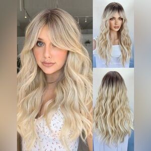 23 Inch Balayage Blonde Wig with Curtain Bangs  Wavy hair